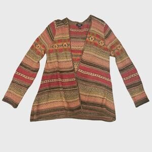 Chaps Cotton & Linen Sweater Womens Lg Open Front Cardigan Fair Isle Pink Brown